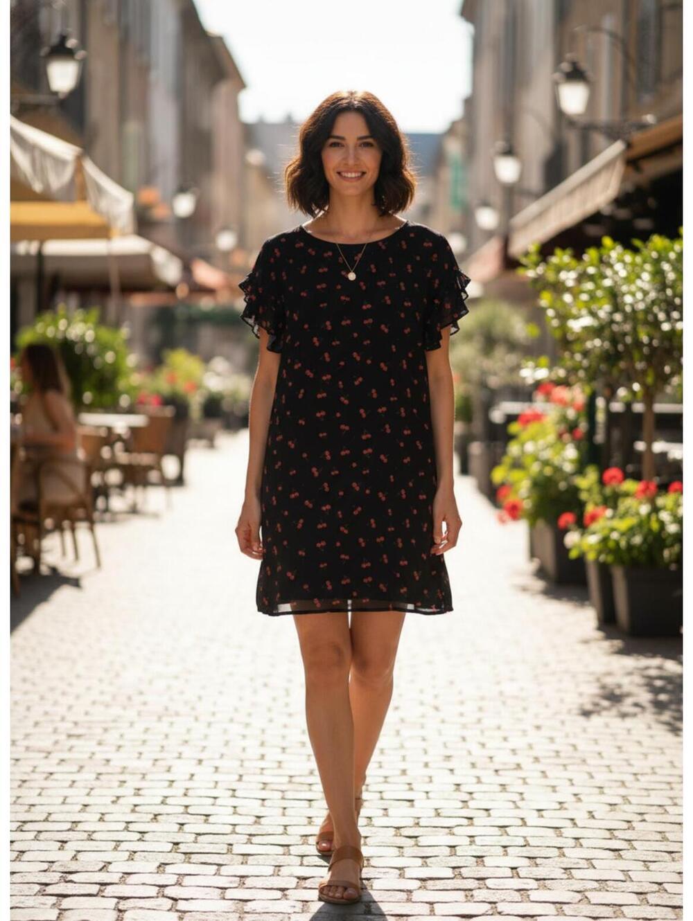 Novelty Cherry Print Dress with Flowy Sleeves XL Beach Lunch Lounge